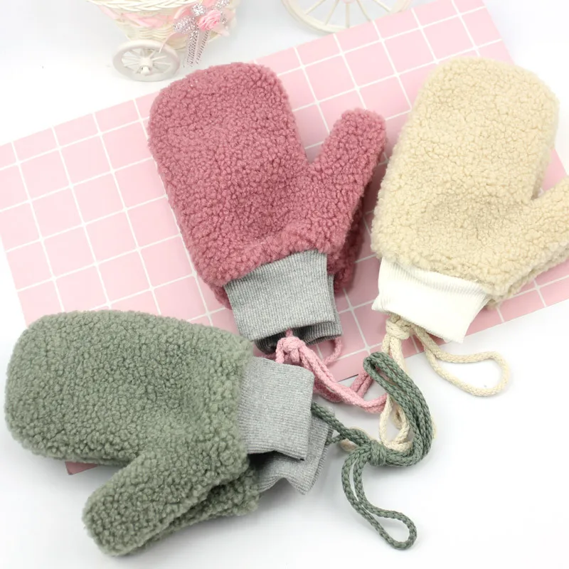 Autumn and winter Teddy cashmere student mittens plus velvet thickened warmth and cold proof plush hanging neck gloves J3