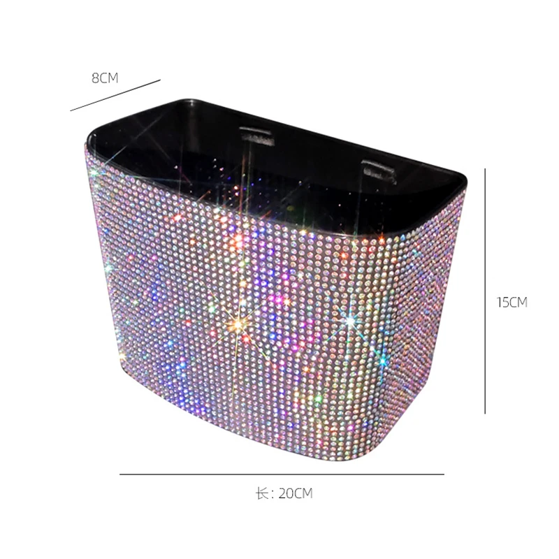 Rhinestone Car Trash Can Storage Bins Plastic Color Diamond Back Storage Box Waterproof Trash Grabber Car Hanging Accessories