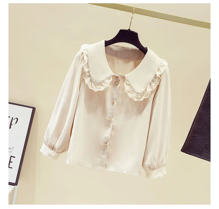 Women Clothing 2021 Spring Chiffon Shirt Female Sweet Lace Stitching Puff Sleeve Top Doll Collar Cardigan Shirt Blusas Mujer