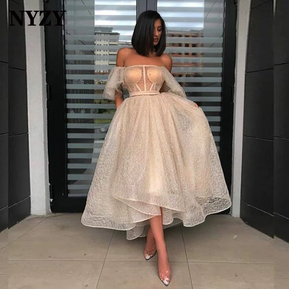 

E390 NYZY Africa Arabic Off the Shoulder Tea Length Evening Dresses 2021 Lace Wedding Party Dress Prom Gown Cocktail Dress