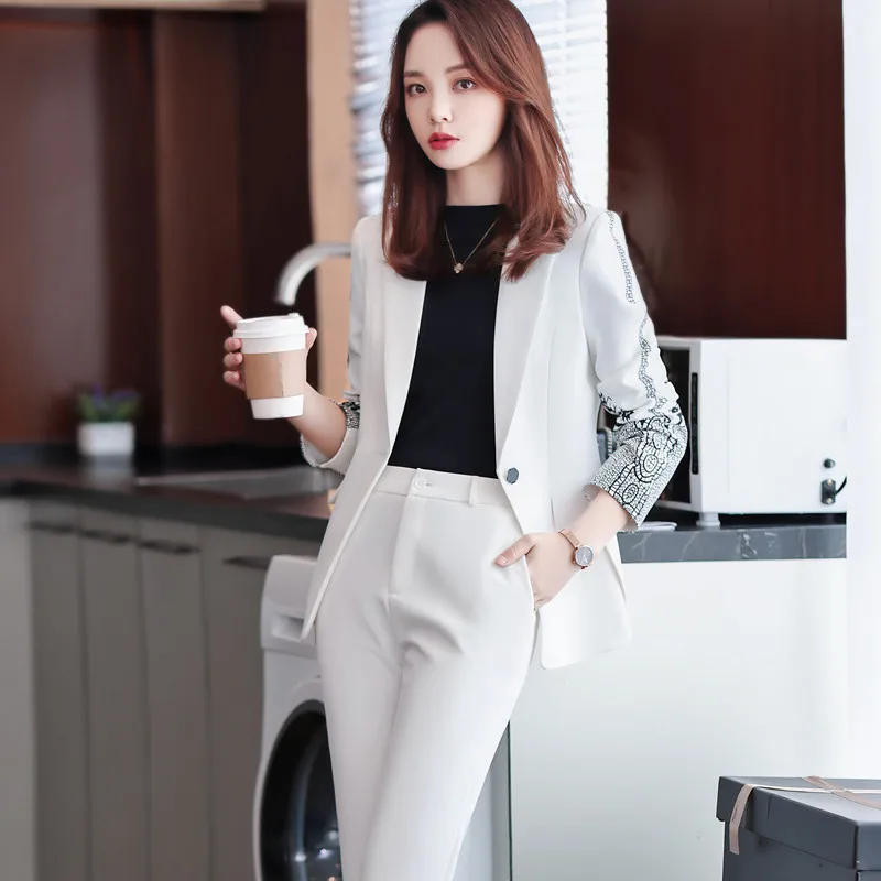 Naviu 2 Pieces Set Women Formal Pants Suits Spring New Temperament Slim Long Sleeve Blazer and Trouses Office Ladies Work Wear