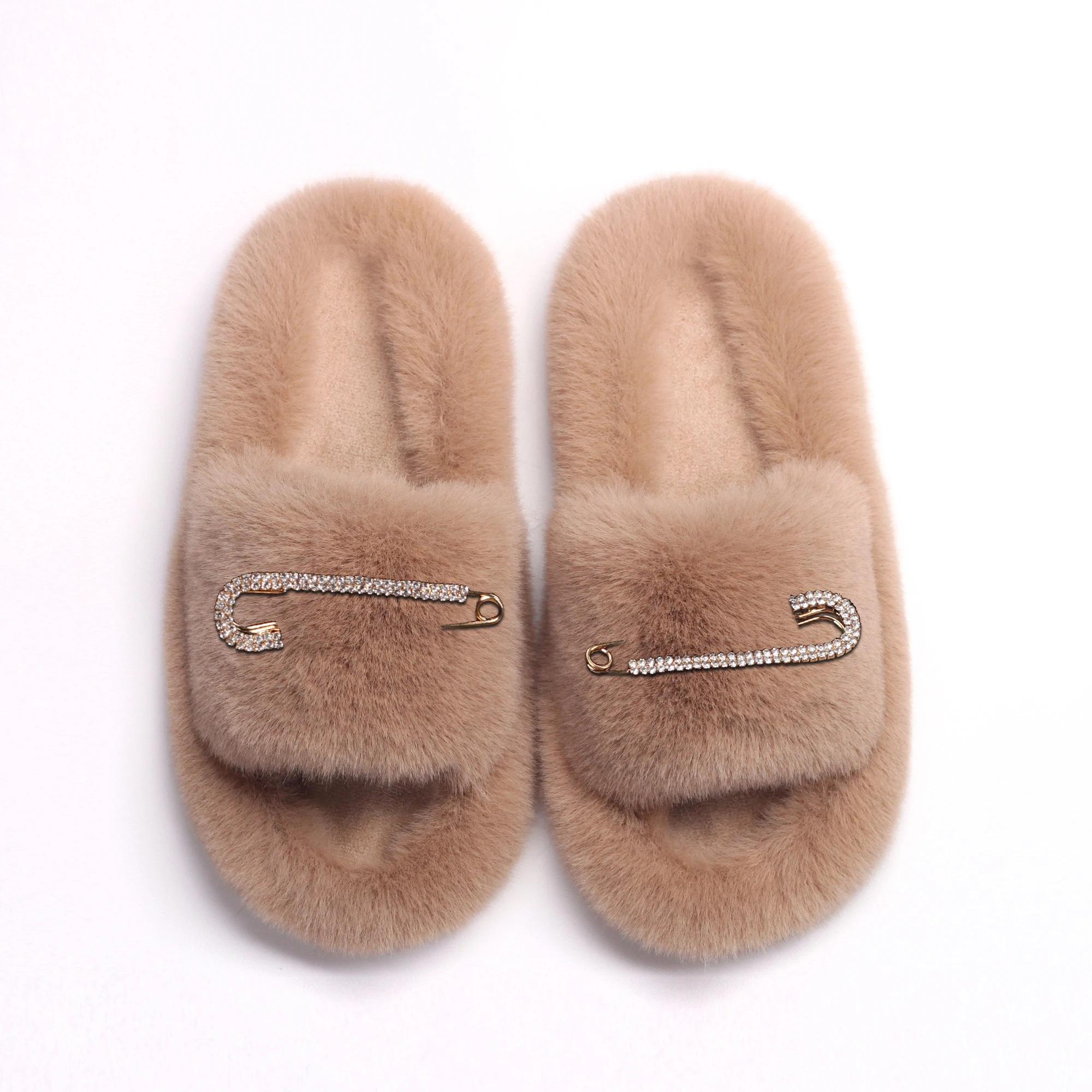 Fluffy Slides Ladies Chic Rhinestone Pin Decor Plush Slippers Platform Fur Sandals Designer Fashion Slippers Winter Casual Shoes