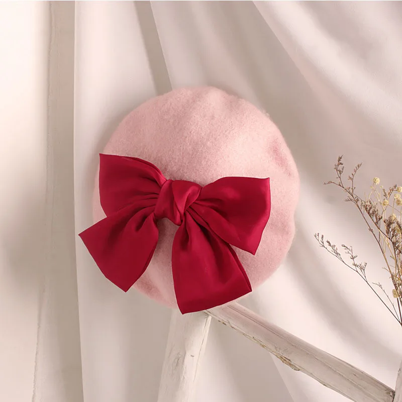 Autumn Winter Kids Fashion Wool Red Big Bowknot Beret For Girls Children Beanie Painter Cap Baby Hats Bonnet