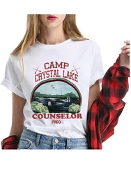 Camp Crystal Lake Counselor camiseta Vintage ropa de mujer algodón Unisex pantalones cortos de terror manga camisetas gráficas señoras de gran tamaño