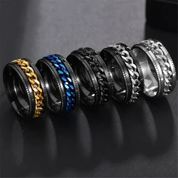 Anxiety Fidget Spinner Rings for Men Stainless Steel Spinning Rotatable Cuban Chain Ring for Women Punk Rock Anti Stress Jewelry