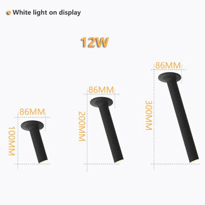 Black/White Long Tube Ceiling Recessed LED Spot Lamp Angle Rotatable Ceiling Light 12W for Kitchen Bedroom Picture TV Background