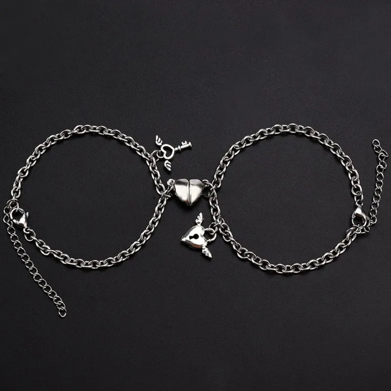 2Pcs Heart Magnet Bracelet for Lovers Stainless Steel Angel Wing Lock Couple Bracelet Heart Charm Friendship Jewelry Gifts