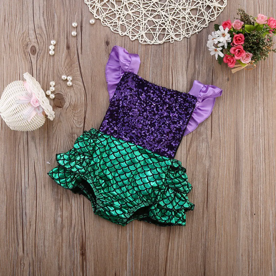 Newborn Baby Girls Romper Summer Sequins Ruffles Sleeveless Mermaid Romper Girl Fashion Sunsuit  Clothes 0-24M