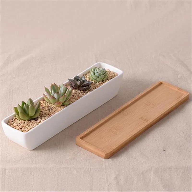 Long Rectangle White Ceramic Succulent Planter Pot with Bamboo Tray Small Cactus Plant Pots Holder Bonsai Flowerpot Home Decor