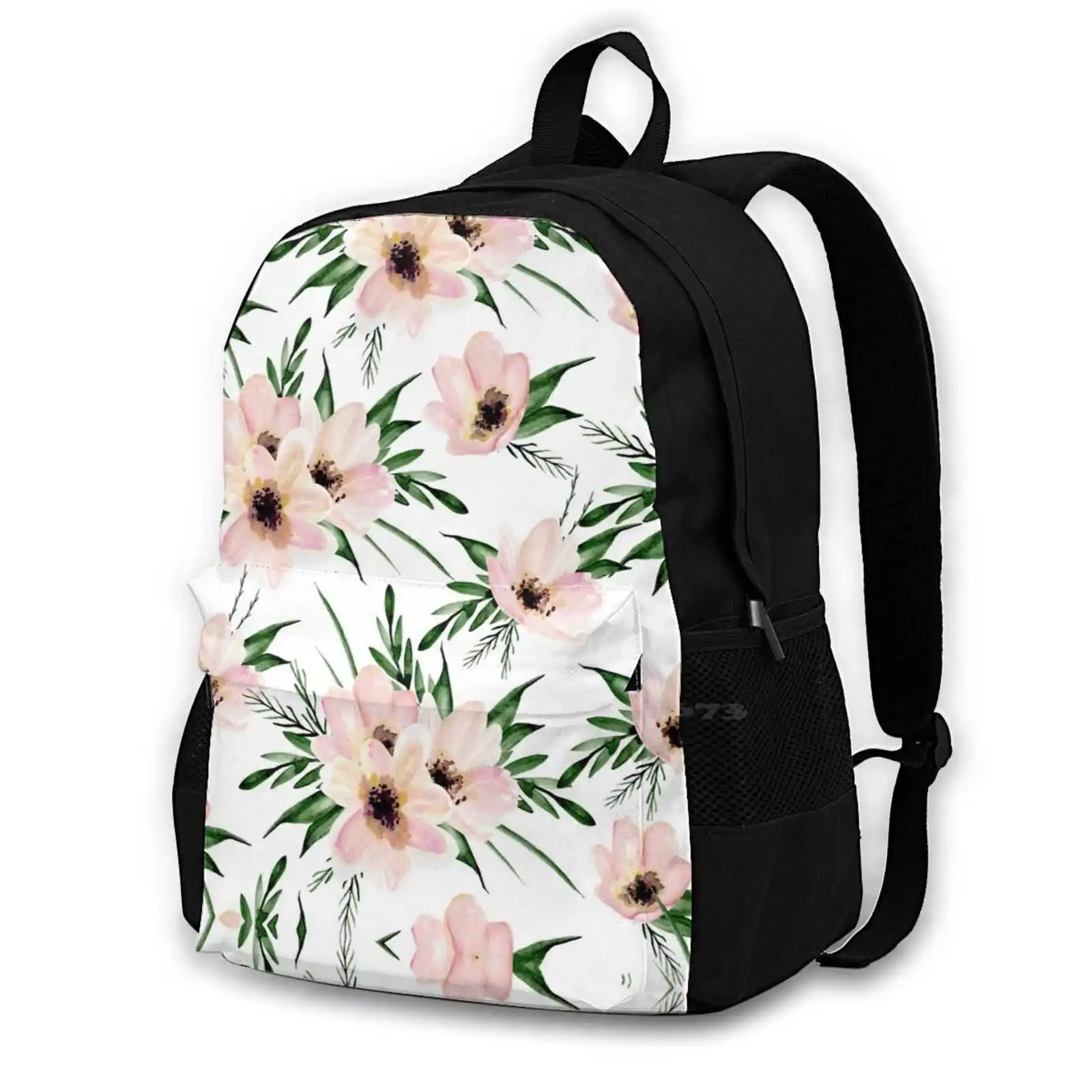 

Pink Bouquet. Watercolor Backpack For Student School Laptop Travel Bag Nature Pattern Summer Romance Flower Floral Leaf Effect