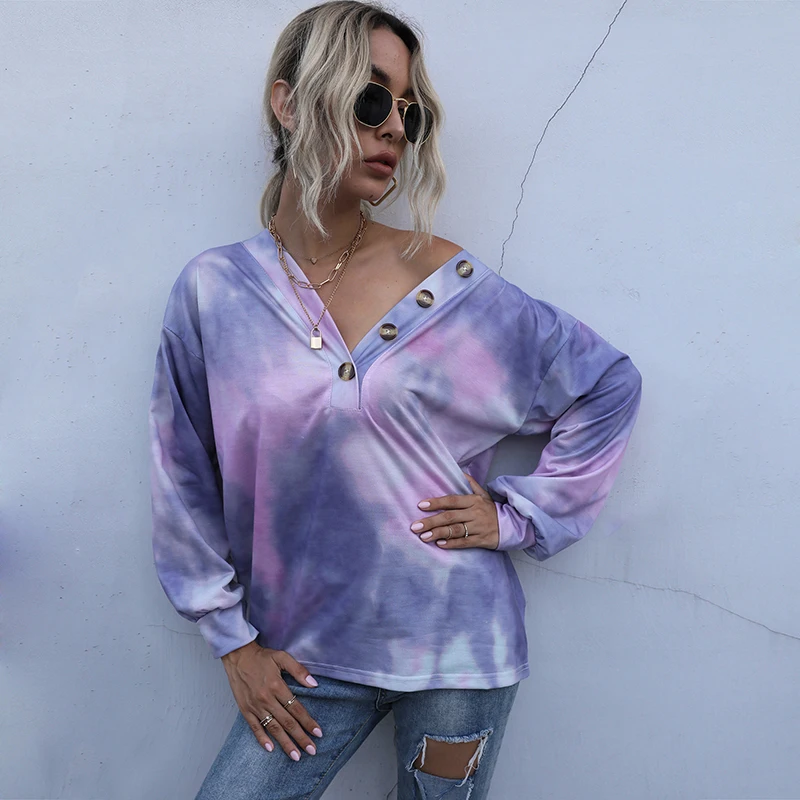 Tie Dye Cetak Kemeja Lengan Panjang Pullover Korea Streetwear Harajuku Punk Hip Hop Musim Semi Musim Gugur V Leher Tombol Longgar Blus