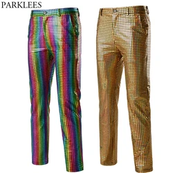 Pantalones de lentejuelas a cuadros para Hombre, pantalón con purpurina, arcoíris, para cantante, bailarina, fiesta, discoteca, DJ, escenario, graduación, 3XL, Años 70