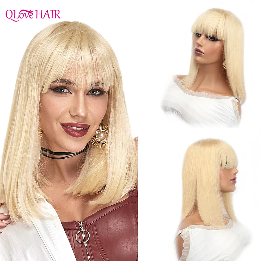 613 Blonde Straight Human Hair Wigs With Bangs Full Machine Made Human Hair Wig For Woman Short Peruvian Straight Bob Wig