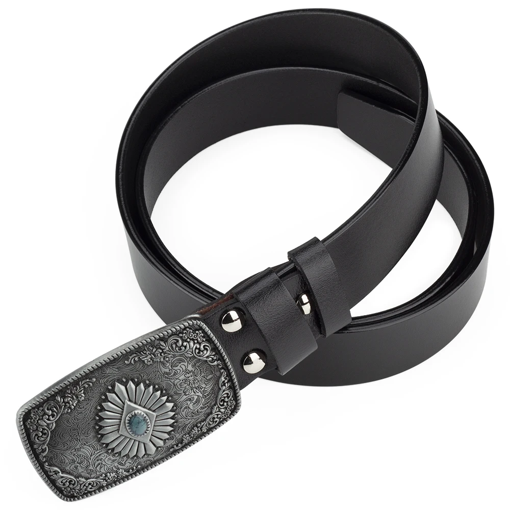 WRJAHCG Cintura Uomo, Cintura da Cowboy Occidentale in Pelle, Vintage Cinture con Fibbia in Pelle, Cintura in pelle goffrata con fibbia testa indiana, per jeans vestito,Nero,100CM/39.4