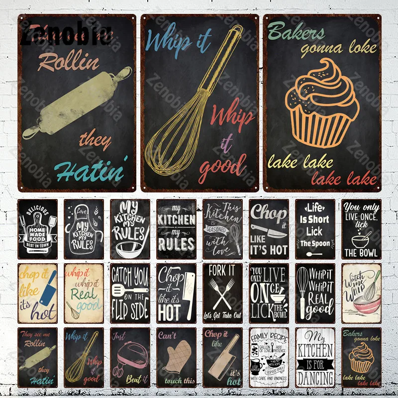 Metal Sign Kitchen Wall Decor Cupcake Kitchenwares Knife Glove Egg Beater Fork Kitchen Rules Vintage Plaque Kitchen Tin Plate