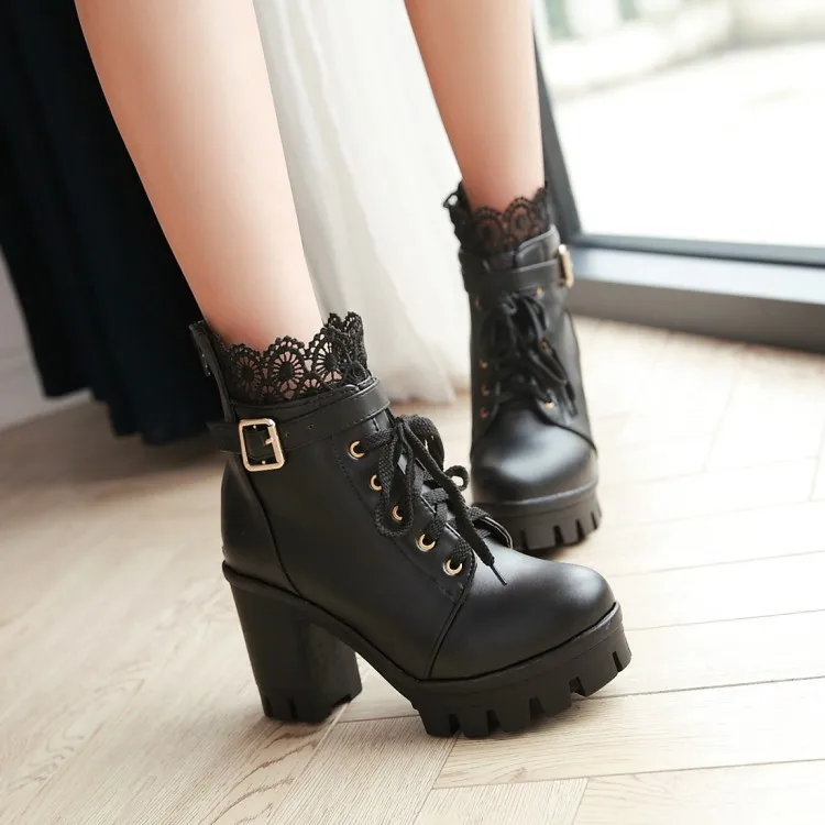 High Heels Women Winter Boots Zipper Motorcycle Boots Warm Fur Round Toe Platform Boots Female Ankle Boots Plus Size 43