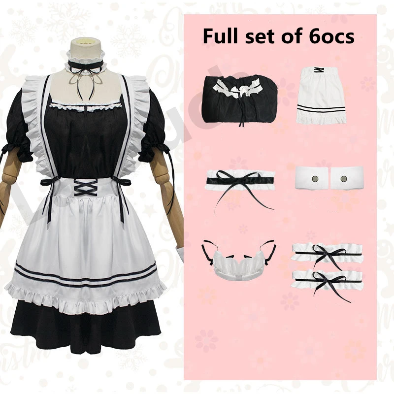 Roupa de empregada feminina anime vestido longo preto e branco vestidos de pelúcia orelhas lolita vestido traje cosplay cafe avental cosplay traje