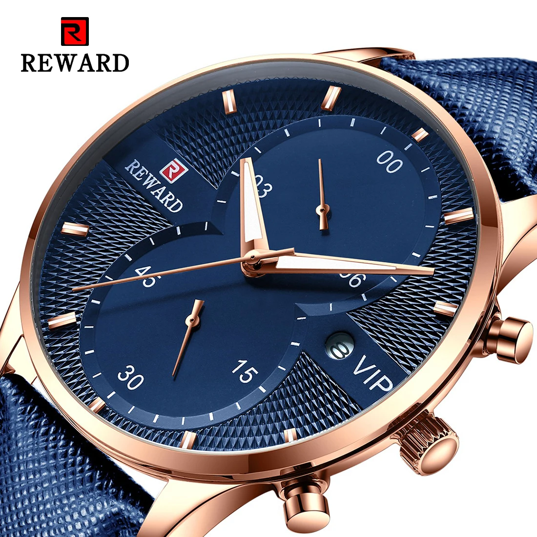 REWARD Rose Gold Quartz Wrist Watches for Men Blue Leather Band Calendar Display Grid Dial Design Business Watch Male