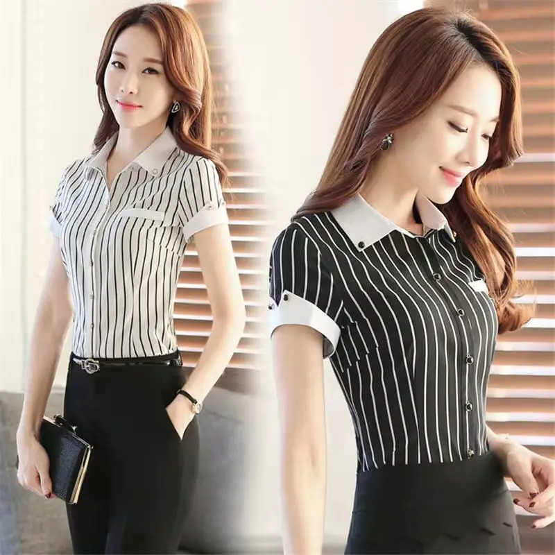 Women\'s Spring Summer Style Chiffon Blouses Shirt Women\'s Elegant Short Sleeve Turn-down Collar Button Striped Korean Tops SP242