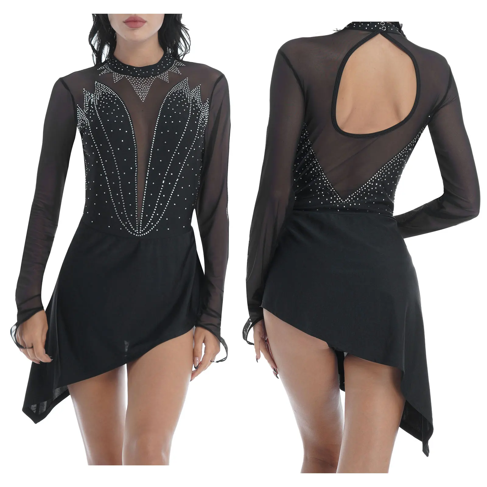 Vrouwen Figuur Schaatsen Jurk Halter Rhinestone Mesh Lange Mouwen Ballet Turnpakje Jurk Dans Gymnastiek Training Prestaties Kostuum