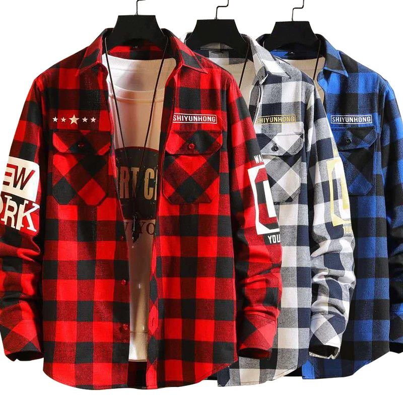 Men\'s Streetwear Thick Shirts Men Clothing Harajuku Color Block Plaid Shirt  Long Sleeve Male Vintage Korean Fashions Clothes