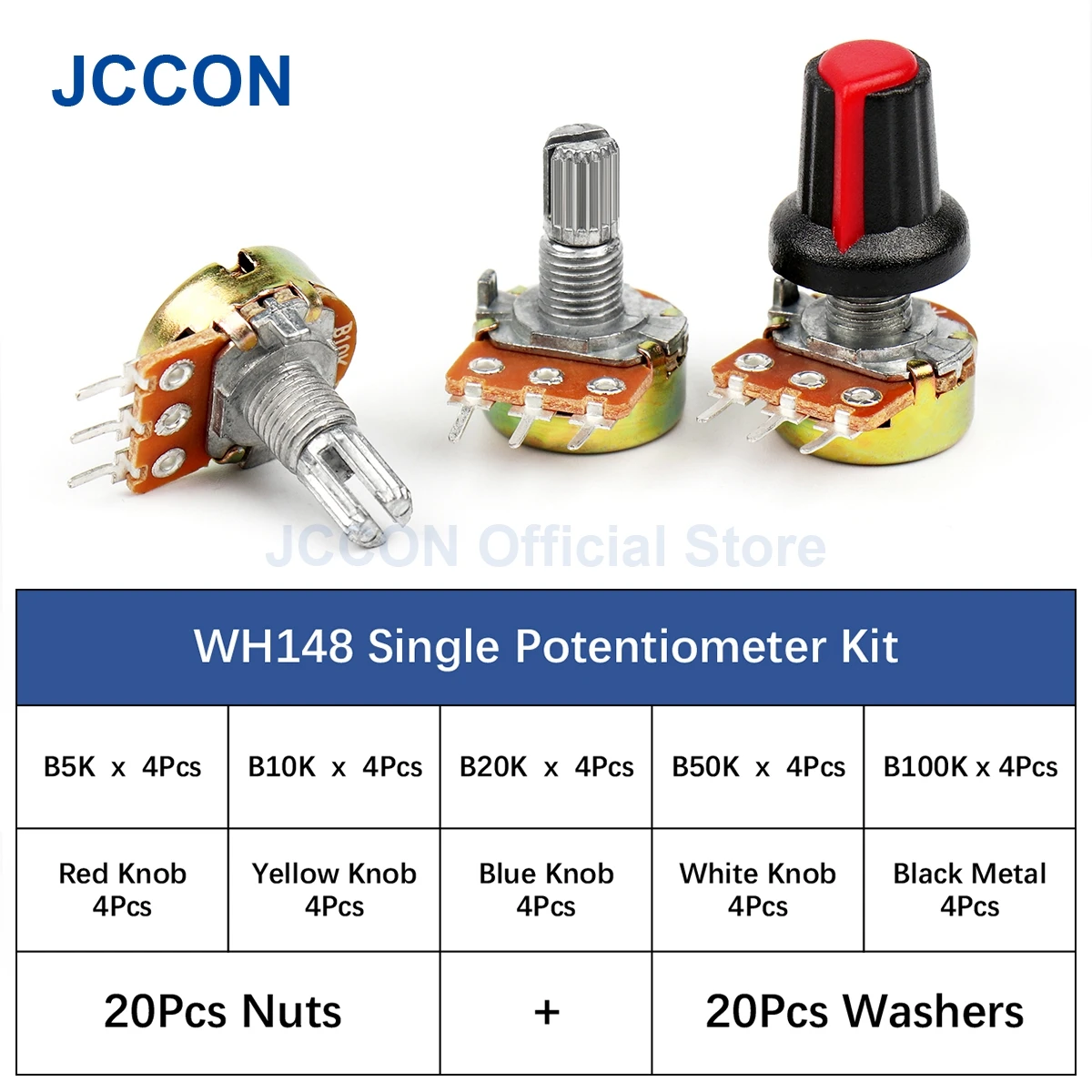 20 Set WH148 Enkele Potentiometer Kit B5KB10KB20KB50KB100K 15Mm Met Knoppen Enkele Potentiometer Linear Taper Rotary 3Pin + Cap