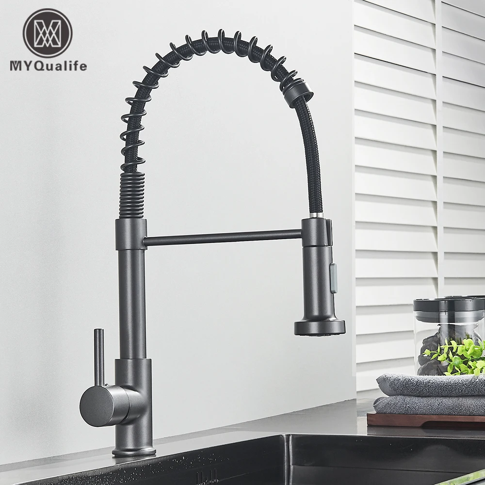 Silver Gray Kitchen Sink Faucet One Handle Spring Hot and Cold Water Tap Deck Mounted Bathroom Matte Black Kitchen Crane