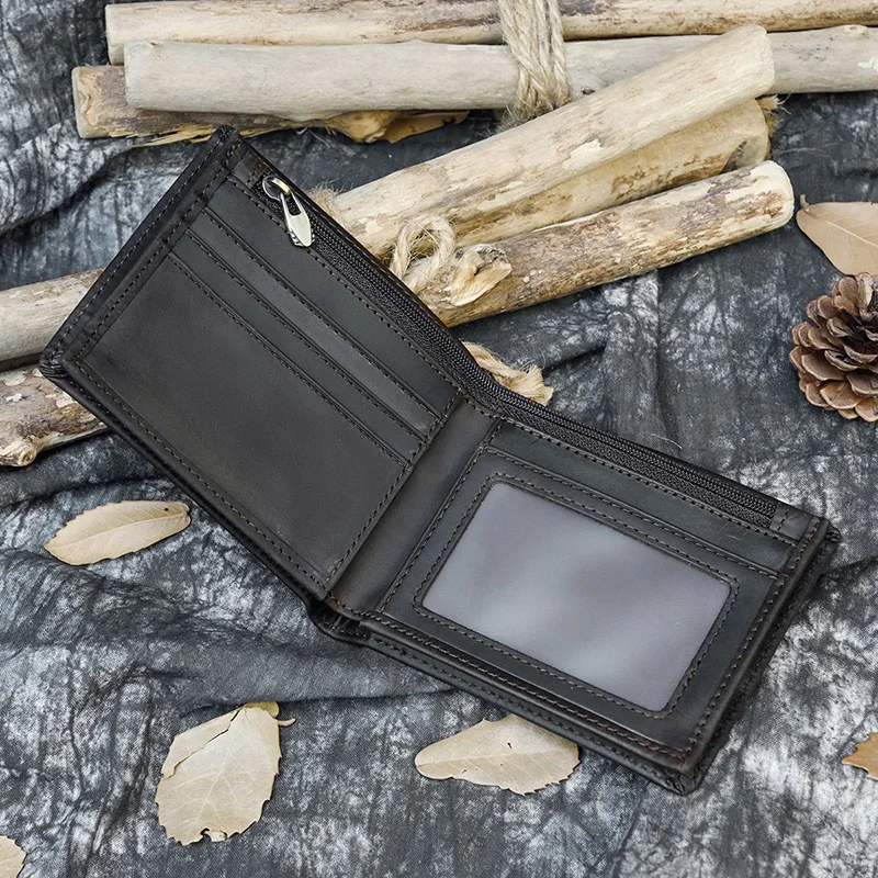 

Men's Crazy Horse leather wallets Vintage Brown bifold short wallet Genuine leather wallet long inner zipper coin pocket purse