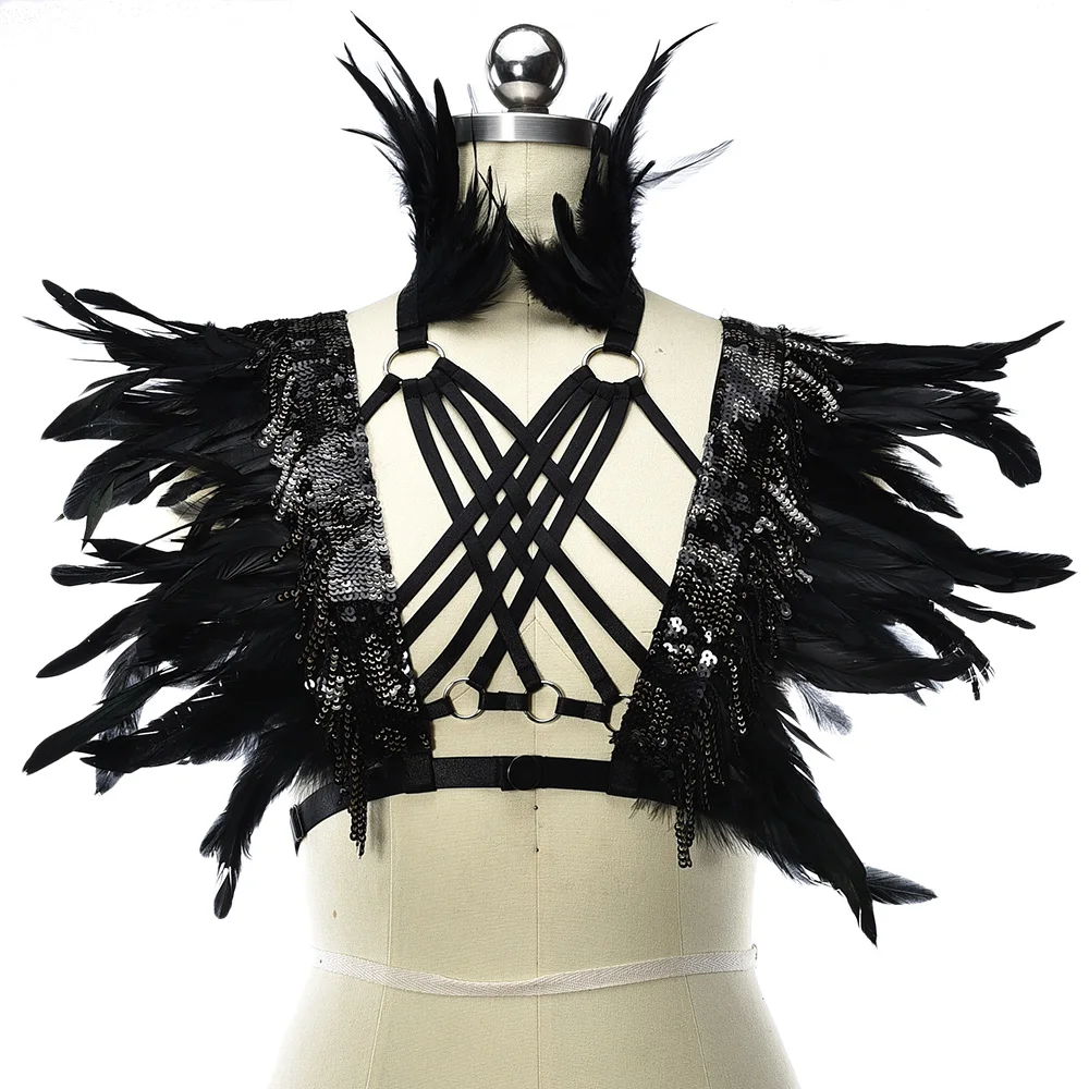 

Gothic Feather Harness Clothes Accessories Black Neck Collar Sexy Lingerie Cage Bra Dance Exaggerate Feather Body Harness Wing