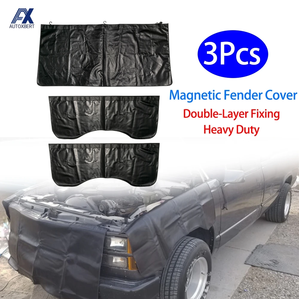 3PCS Magnetic Fender Cover Universal Mechanics Protector Pad Heavy Duty Car Body Guard Foldable PU Leather W/ Hooks Anti-scratch