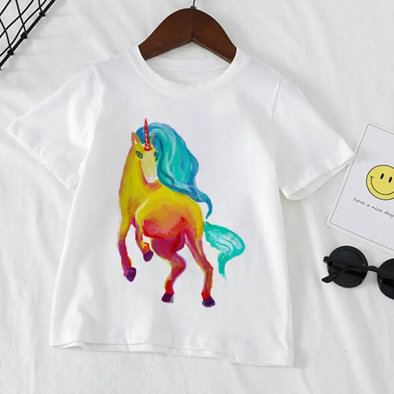 Unicorn T-shirt Summer Fashion Clothes Girls Clothes Rainbow Horse Boys Clothes Crew Neck Casual Wild White Children's T-shirt