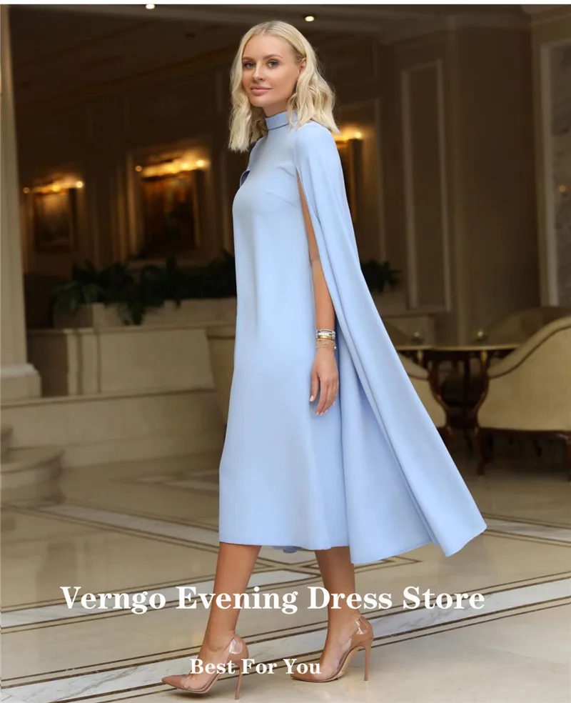 Verngo Simple White Straight Women Formal Evening Dresses High Neck With Long Cape Sleeves Tea Length Gown Women Elegant Outfit