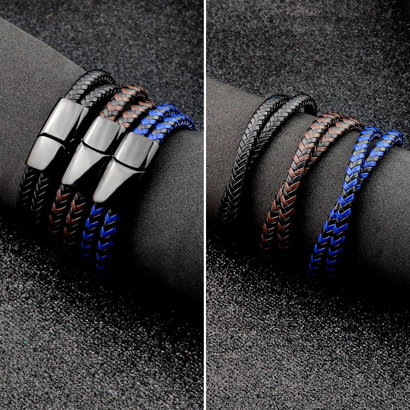 Punk Charm Customize Name black/brown/blue/coffee Braided Leather Bracelet For Men Engraved Stainless Steel For Women Jewelry