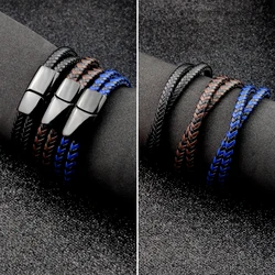 Punk Charm Customize Name black/brown/blue/coffee Braided Leather Bracelet For Men Engraved Stainless Steel For Women Jewelry