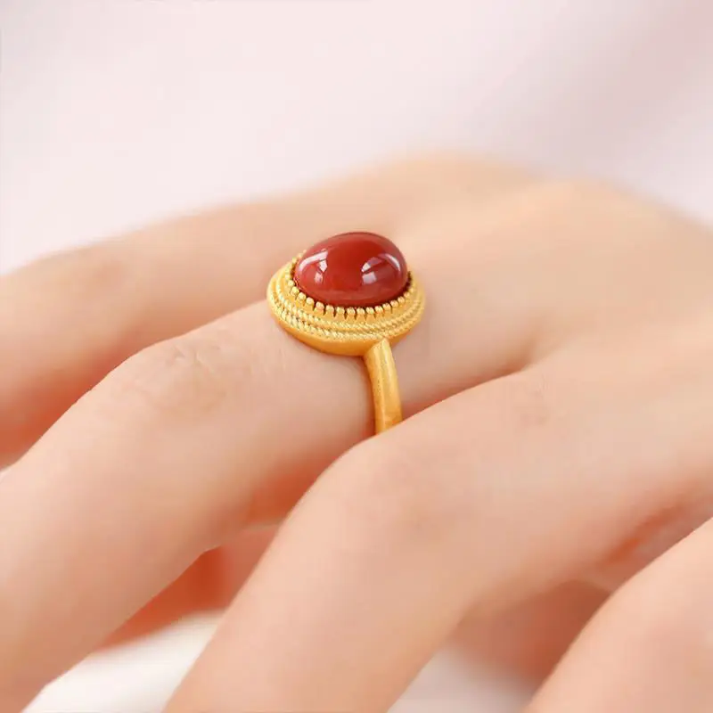 Designer original New inlaid natural egg round chalcedony opening adjustable ring retro palace style ladies jewelry