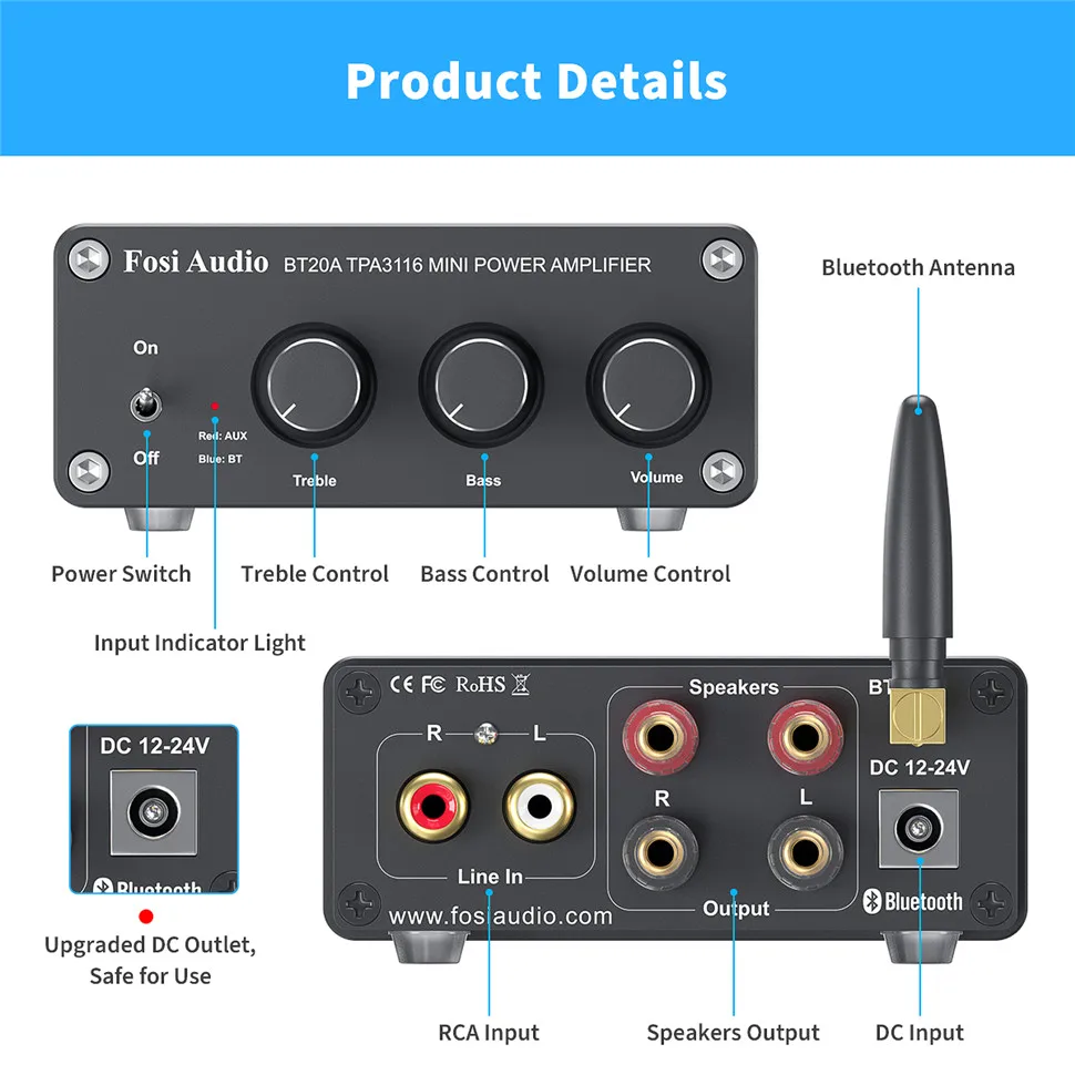 Fosi áudio bt20a bluetooth tpa3116d2 amplificador de potência de