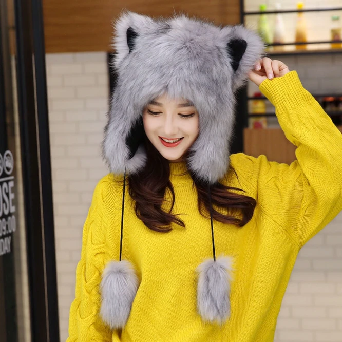 Winter Women's Hat Double Layer Plush Thickened Warm Imitation Fox Fur Cute Ear Protection Animal Cartoon Imitation Fur White