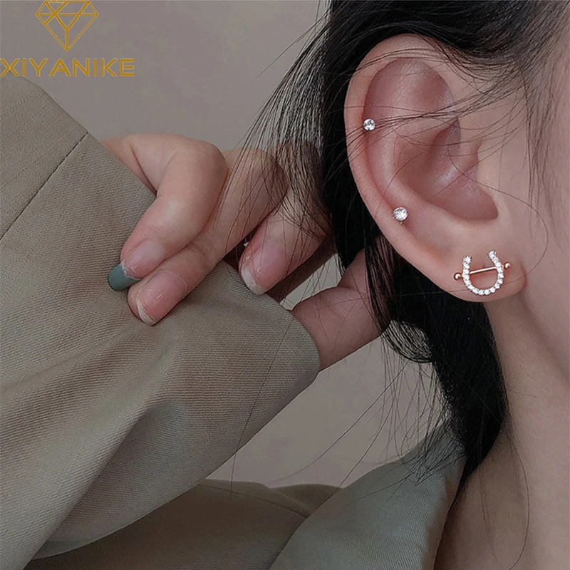 XIYANIKE Silver Color  New Creative Horseshoe-shaped Rhinestones Earrings Simple Women Small Exquisite Fashion Ear Jewelry