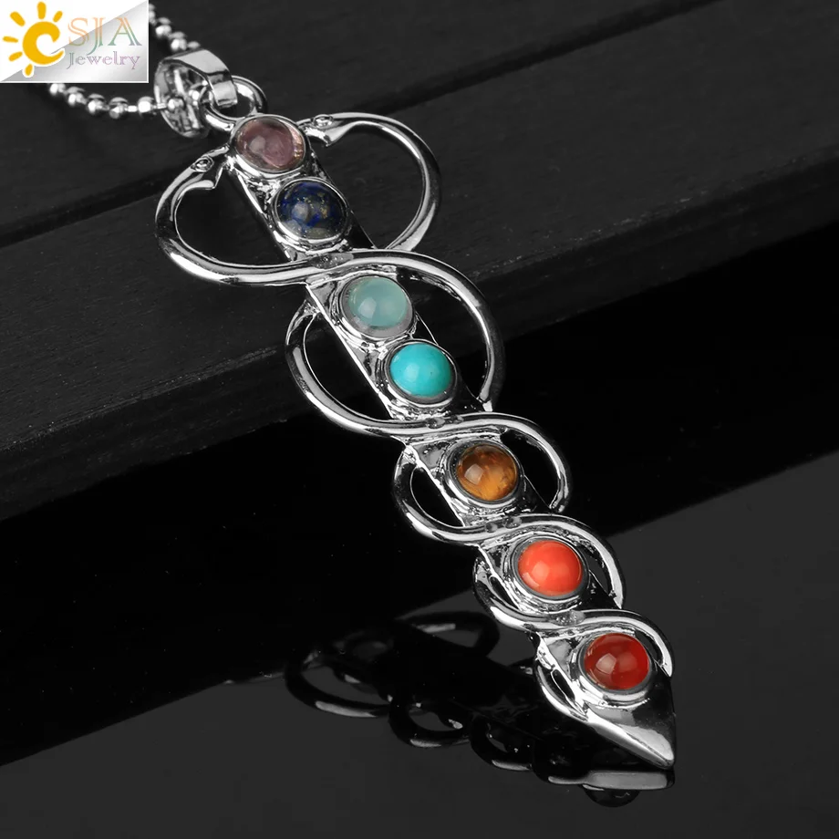 CSJA Stone Beads Pendant Necklace Yoga Symbol Inlaid Reiki Energy Stone Healing Point 7 Chakra Charm Pendant Necklace E039