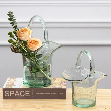 

Portable Basket Glass Transparent Vase Nordic Creative Dried Flower Flower Arrangement Accessories Home Dining Table Decoration