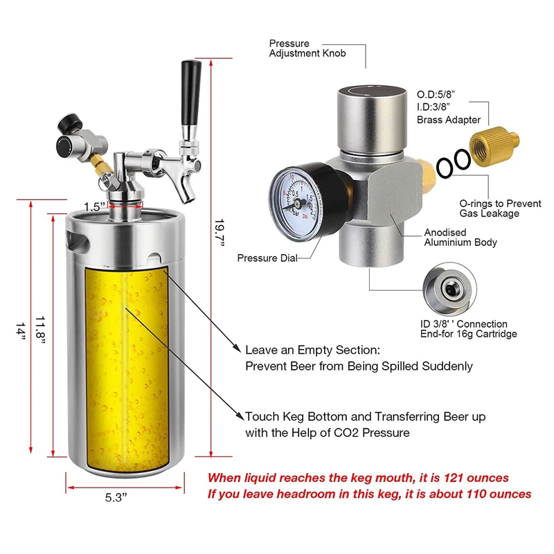 Imagem -02 - Mini Growler Barril Jogo de Pressurizado do Barril de Cerveja Homebrew Projecto Sistema de Carbonização de Cerveja Presente de Verão para o Pai Aço Inoxidável 3.6l