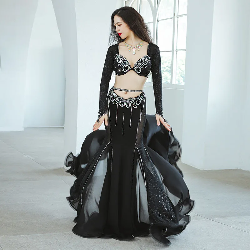 New Belly Dance Performance Costume Black Long Sleeve High Waist Hollow Fishtail Skirt Competition Performance dance Set