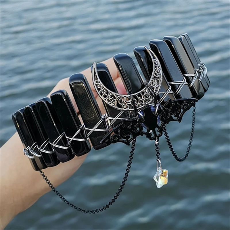 New Witch Natural Raw Crystal Plating Black Bat Chain Five-Pointed Star Crown Headband Witchcraft Hair Accessories Jewelry Gift