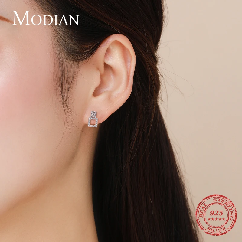 Modian Genuine 925 Sterling Silver Simple Geometric Square Stud Earrings for Women Statement Fine Jewelry Brinco 2021 Bijoux