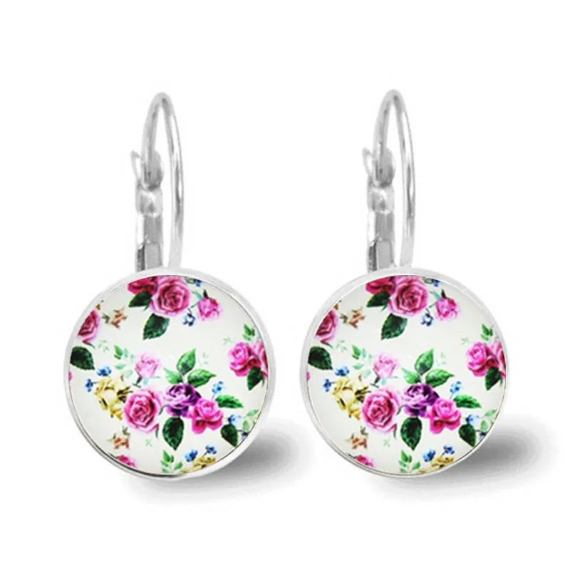 New Rose Earrings Beautiful Rose Retro Round Glass Handmade Photo Earrings Ladies Jewelry