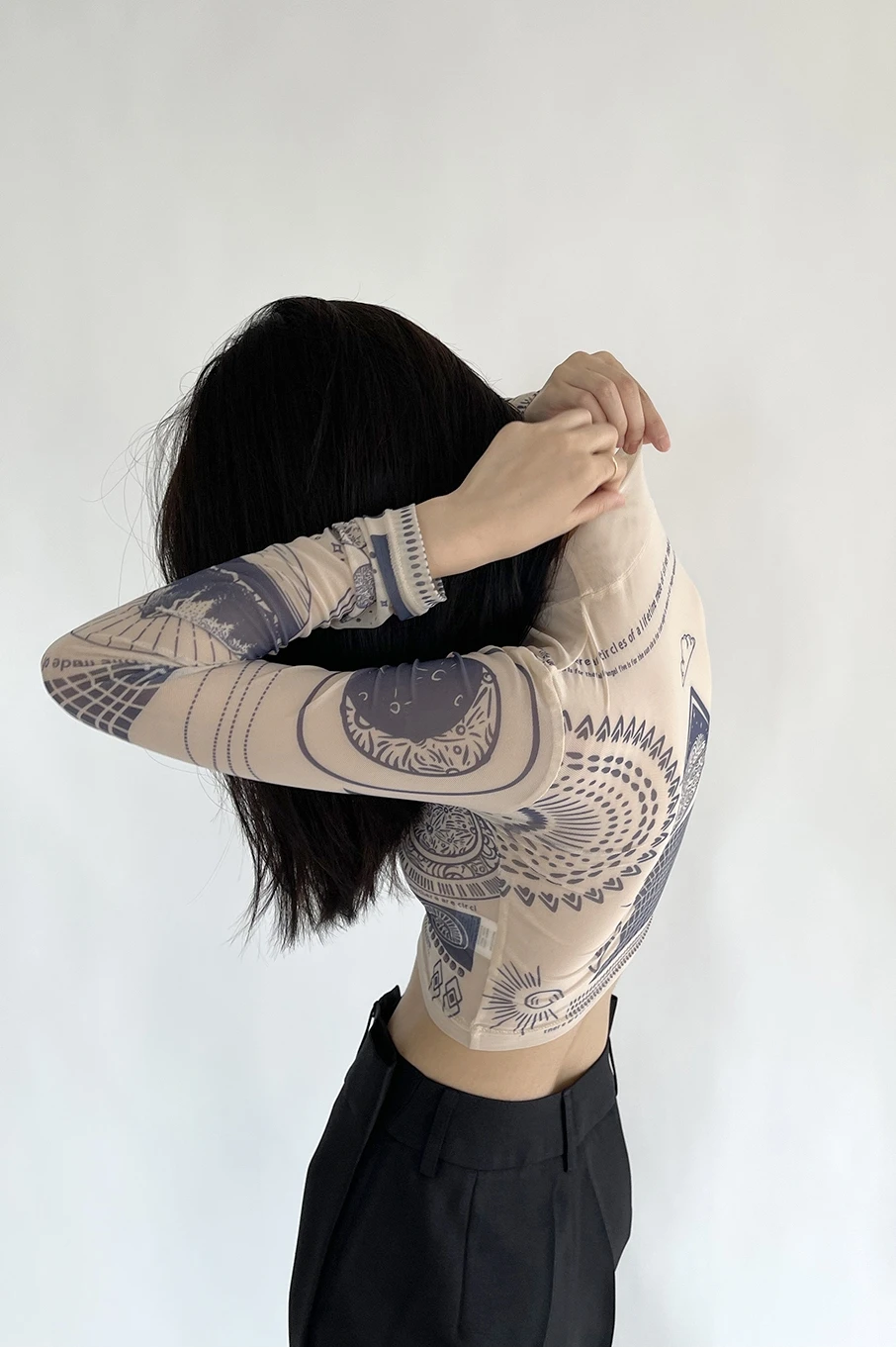 TROPICON Tattoo Mesh Crop Top Long Sleeve Tees Graphic T Shirts Women See Through High Fashion Top Aesthetic Bodycon Tshirt