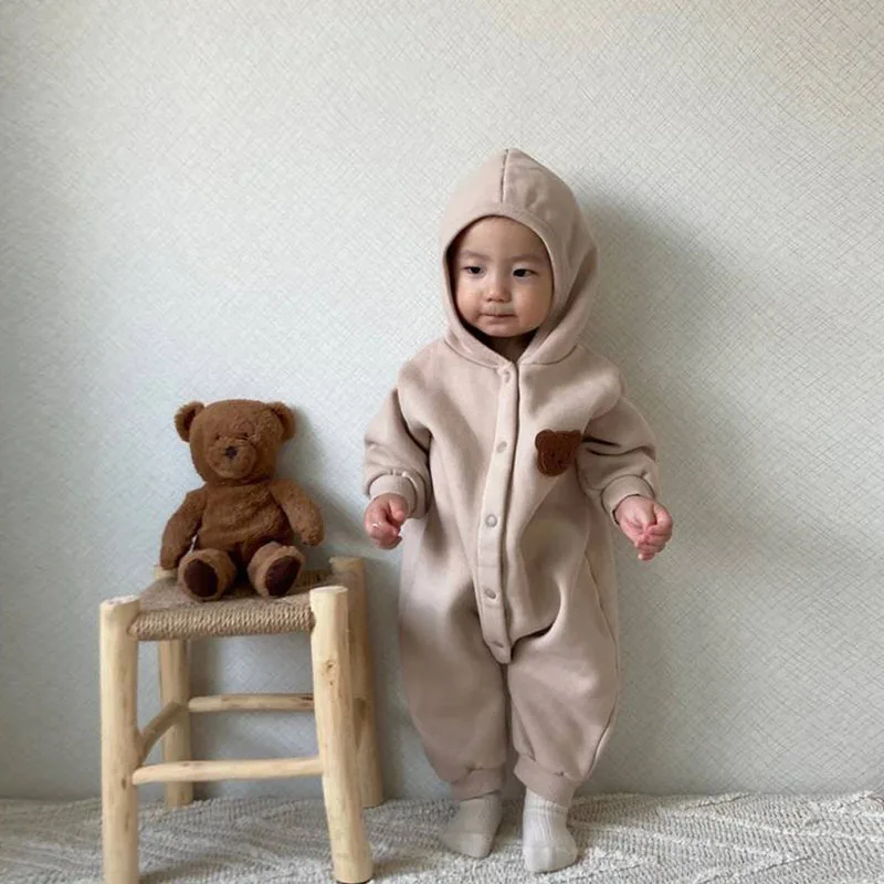 0-2 Years Old Spring Baby Romper 2022 Boys Cartoon Bear Hooded Pullover Romper Girls Baby Cardigan Button Romper