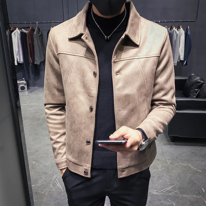 

Stylish Suede Jackets Mens Autumn Coats Khaki Vintage Gentlemen Leather Jackets Bomber Black Korean Fashion Mens Clothes Grey