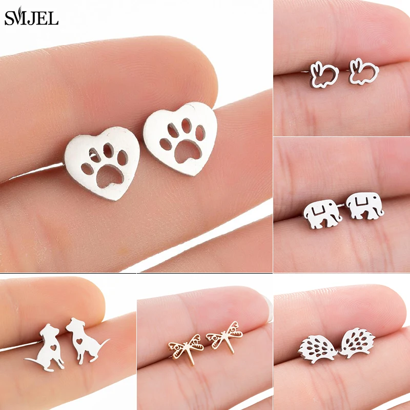 Lovely Dog Paw Earrings for Women Chidren Fashion Stainless Steel Animal Hedgehog Dragonfly Rabbit Heart Footprint Ear Studs