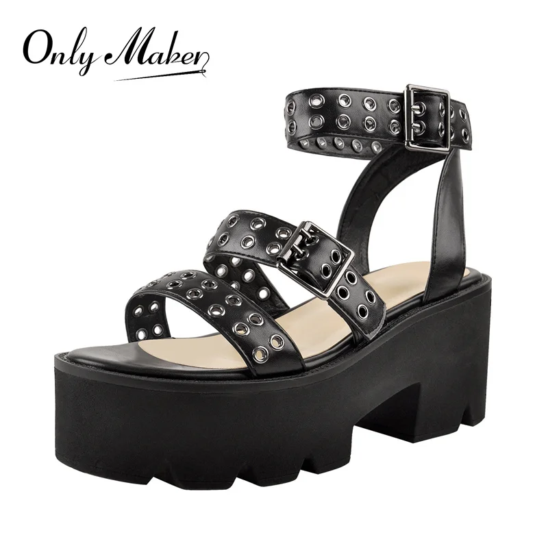 Onlymaker Women Round Toe Platform Sandals Matte Black Rivet Hollow Ankle Buckle Chunky High Heel  Large Size Punk  Sandals